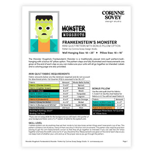 Monster Mugshots: Frankenstein's Monster Mini Quilt Pattern with Bonus Pillow Option